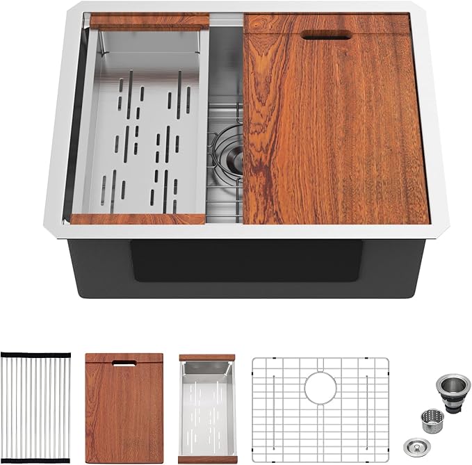 Mocoloo 24 Inch Undermount Kitchen Sink - 24 x 19 Bar Sinks Stainless Steel 16 Gauge Single Bowl Under Counter Small Kitchen Sink Workstation 10'' Deep Handmade Basin