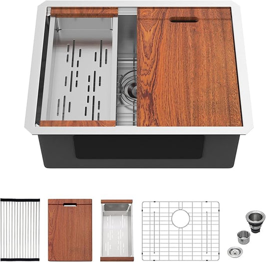 Mocoloo 24 Inch Undermount Kitchen Sink - 24 x 19 Bar Sinks Stainless Steel 16 Gauge Single Bowl Under Counter Small Kitchen Sink Workstation 10'' Deep Handmade Basin