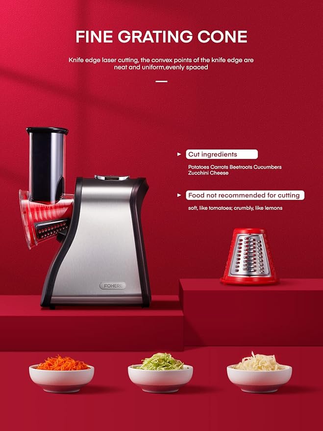 FOHERE Electric Cheese Grater Salad Maker, Electric Slicer Shredder for Home Kitchen Use, One-Touch Easy Control, Electric Grater for Vegetables, Cheeses and Nuts, BPA-Free, Red