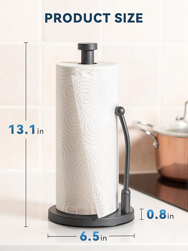 SMARTAKE Paper Towel Holder, Paper Towel Dispenser Standing Weighted Base Non Slip, Spring Arm for Easy Tear, Stainless Steel Paper Towel Holder for Home Kitchen Countertop Tabletop, Metallic Gray