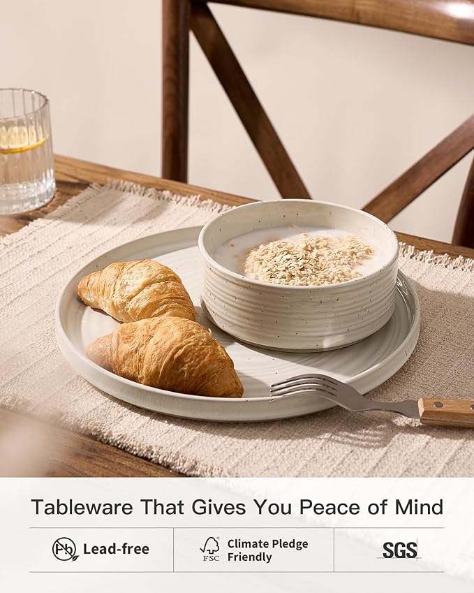 Stoneware Dinnerware Sets, Dish Set for 6, 18 Pieces Spiral Dishware Set with Straight Rim, Speckles & Reactive Glaze - Microwave and Dishwasher Safe Tableware, Shell Beige