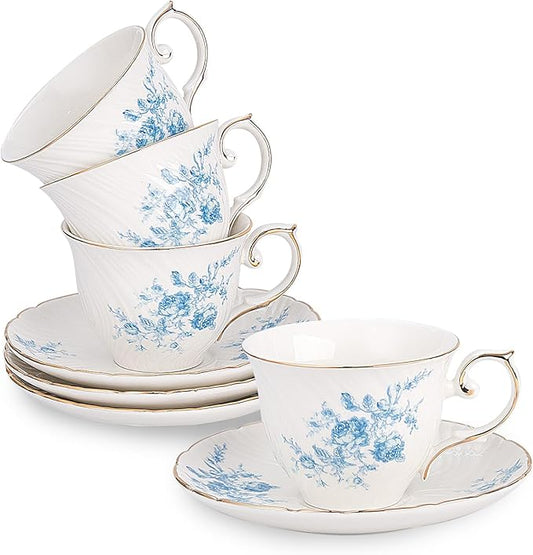 tea cups and saucers ceramic coffee mug 6oz for Coffee, Latte, Cafe Mocha and Tea-Set of 4,Blue