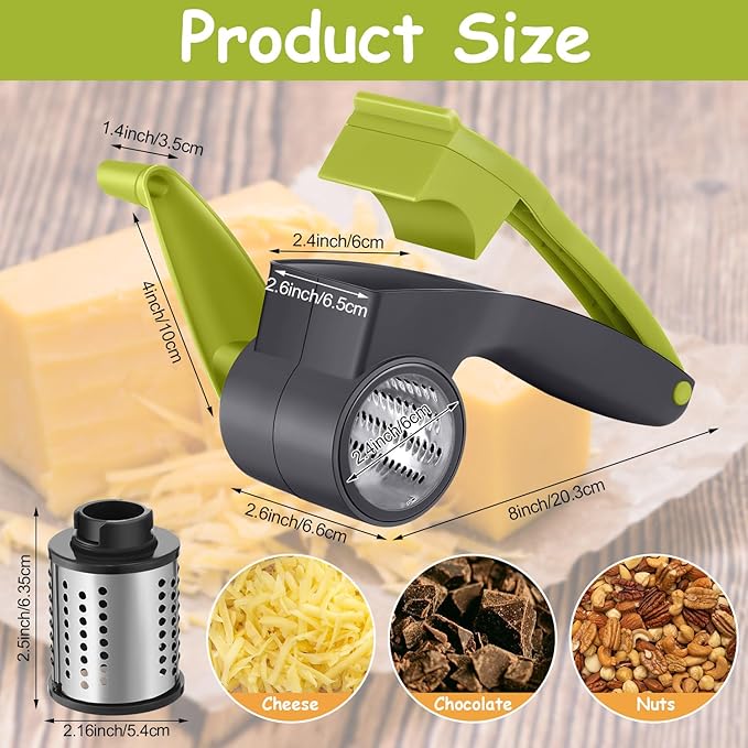 Boao Rotary Cheese Grater Manual Handheld Cheese Grater with Stainless Steel Drum for Grating Hard Chocolate Nuts Kitchen Tool Christmas favors(Gray Green)