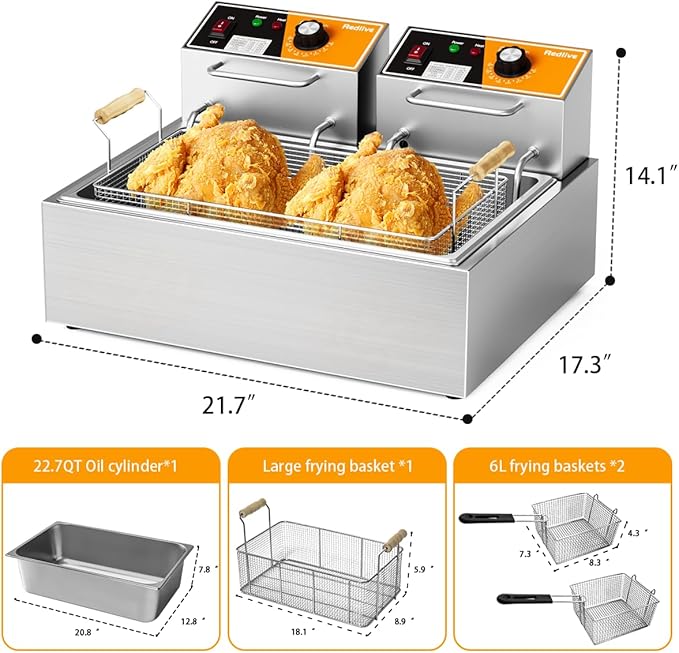 Electric Deep Fryer 3400W Hot 22.6QT/24L Commercial Deep Fryers with 3 Baskets Countertop Oil Fryer for Restaurant Use and Home Kitchen with One - Touch Switch & Temperature Contro