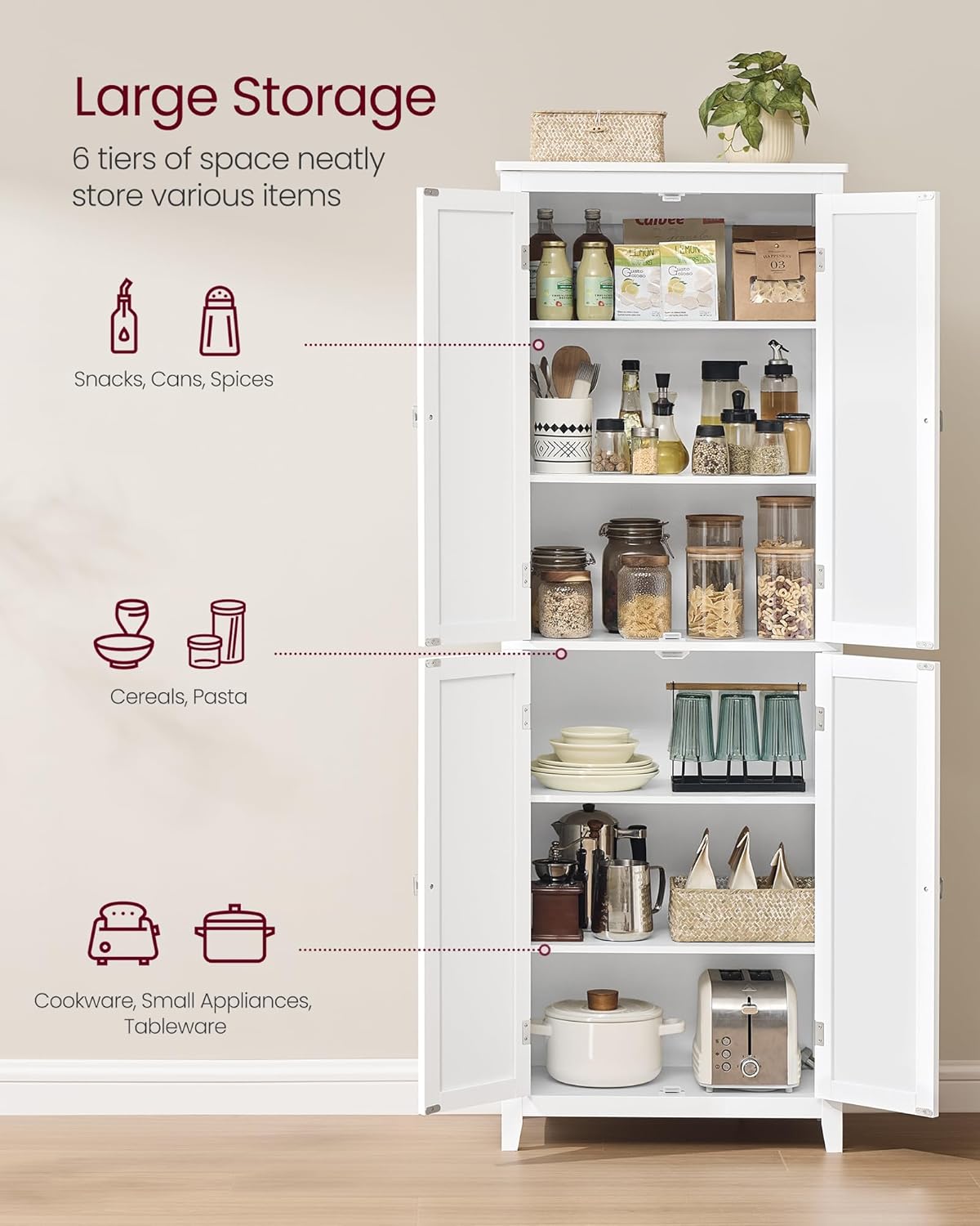 VASAGLE Floor Storage Cabinet, Freestanding Storage Unit with 4 Doors, Adjustable Shelves, 11.8 x 23.6 x 66.9 Inches, for Entryway, Bathroom, Cloud White UBBC550W01