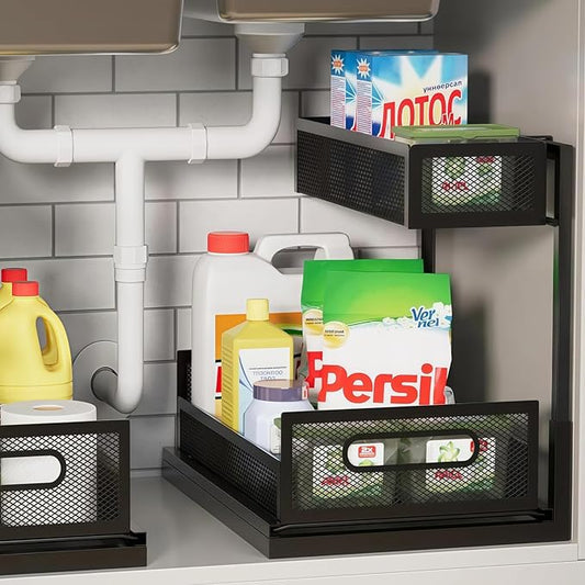 Under the Sink Organizer 2-Tier Pull Out Cabinet Organizer for Kitchen Bathroom, L-Shaped Undersink Shelves No Drill with Slide Out Drawer Space-Saving Storage Easy to Install Black 1 Pack