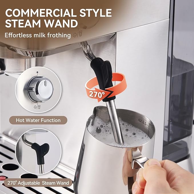 Espresso Machine 20 Bar, Brush Stainless Steel Espresso Maker with Milk Frother Steam Wand, 1400W Espresso Coffee Machine with 1.8L Removable Water Tank for Latte, Cappuccino,Machiato