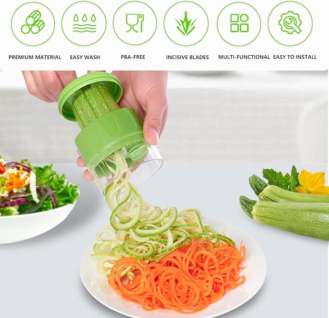 Handheld Low-Carb Spiralizer，3-in-1 Veggie Noodle Maker for Zucchini, Carrots & More, Compact Design for Small Kitchens, Rust-Resistant Stainless Steel Blades(Green)