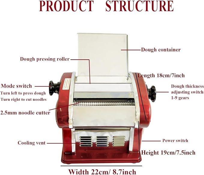 Electric Pasta Noodle Maker Machine, Built-in 2.5 mm Blade, Dough Width 14 cm, 0.3-4 mm Adjustable Thickness, Output 5Kg/H for Home & Commercial Use