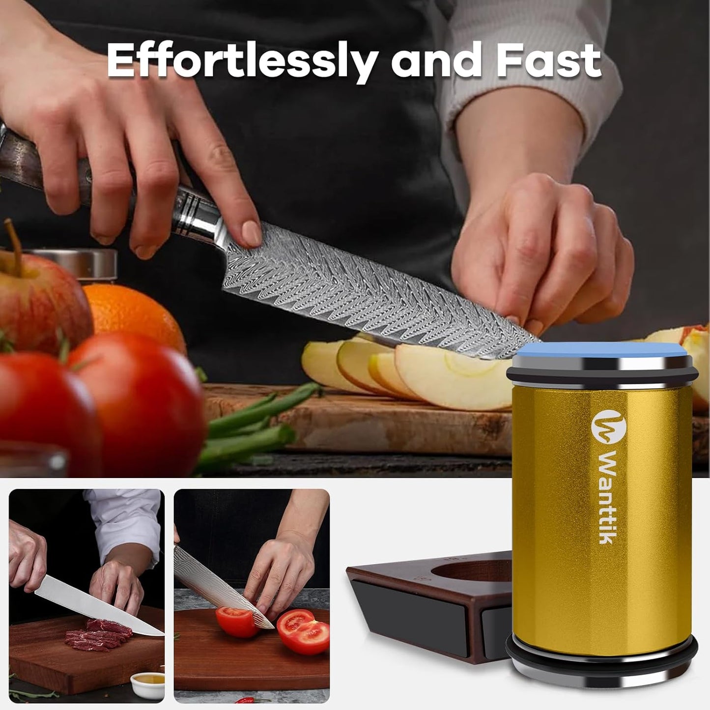 Rolling Knife Sharpener Kit, Upgraded Roller Knife Sharpener with Leather Strop for Kitchen Knives, 4-Disc Rolling Stone Sharpener with 15&18&20&22 Degree Sharpening, Gold