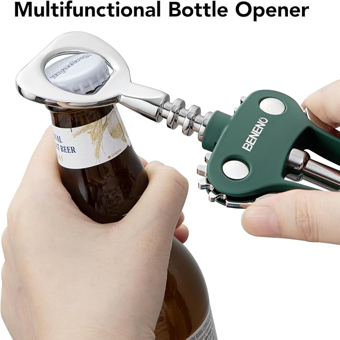 Beneno Wine Opener, Zinc Alloy Premium Wing Corkscrew with Multifunctional Bottles Opener, Sharp Wine Corkscrew with Ergonomic Non-Slip Wing Handle, Dark Green