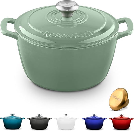 Signature Enameled Cast Iron Dutch Oven, Non-Stick Serving Pot with Tight Fitting Lid for Perfect Roasting, Baking, Sauteing, and Bread Making | 7.4Q (7L) - Sage