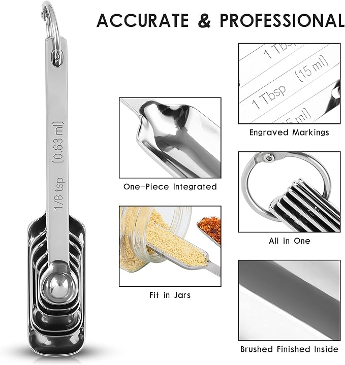 6-Piece Measuring Spoons Set, Stainless Steel, Long Handle, Nesting, 1/8 Teaspoon to 1/4 Cup