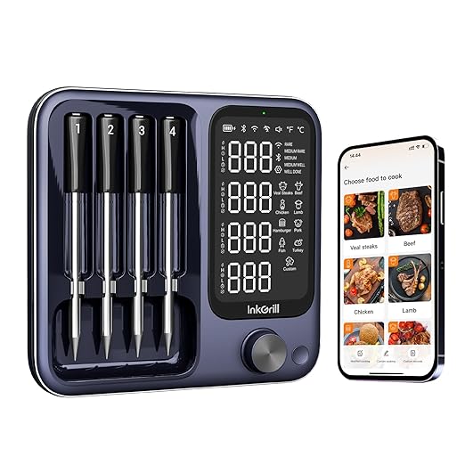 Wireless Meat Thermometer with APP Control，4 Probes Meat Thermometer Digital, Unlimited Range WiFi & Bluetooth Meat Thermometerfor for Rotisserie，Grill，Oven，Smoker，BBQ, Air Fryer