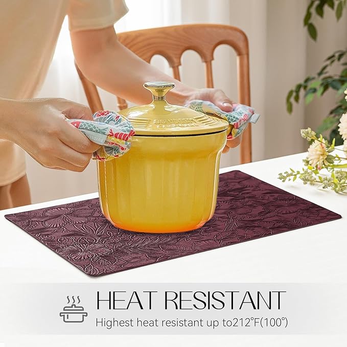 Romanstile Vinyl Placemats Set of 8-12 X 18 Inch - Heat Resistant Non-Slip Embossed Floral Place Mats 100% Waterproof Oilproof Wipeable Faux Leather Table Mats for Kitchen/Dining/Party, Burgundy