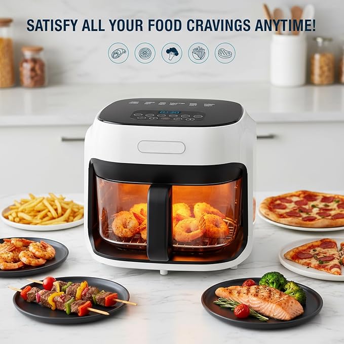 7.4QT Air Fryer with Glass Bowl, Visible Window Lid, Digital Control, 360° Rapid Air Circulation, for Healthy Oil-Free Cooking & Baking, Dishwasher Safe, Nonstick, Easy Clean (White)