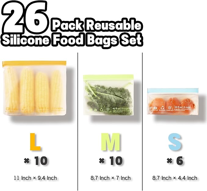 26 Pack Reusable Food Storage Bags,Leakproof Freezer Bags BPA Free Stand Up Sandwich Bags for Lunch Salad Fruit Travel,Dishwasher Safe(10 Gallon,10 Sandwich,6 Snack)