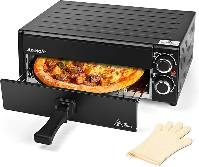 Anatole Electric Pizza Oven 12" 1800W Indoor Countertop Pizza Maker Time Temperature Adjustable Multifunctional Pizza Cooker with Removable Grill Crumb Tray ETL Certified