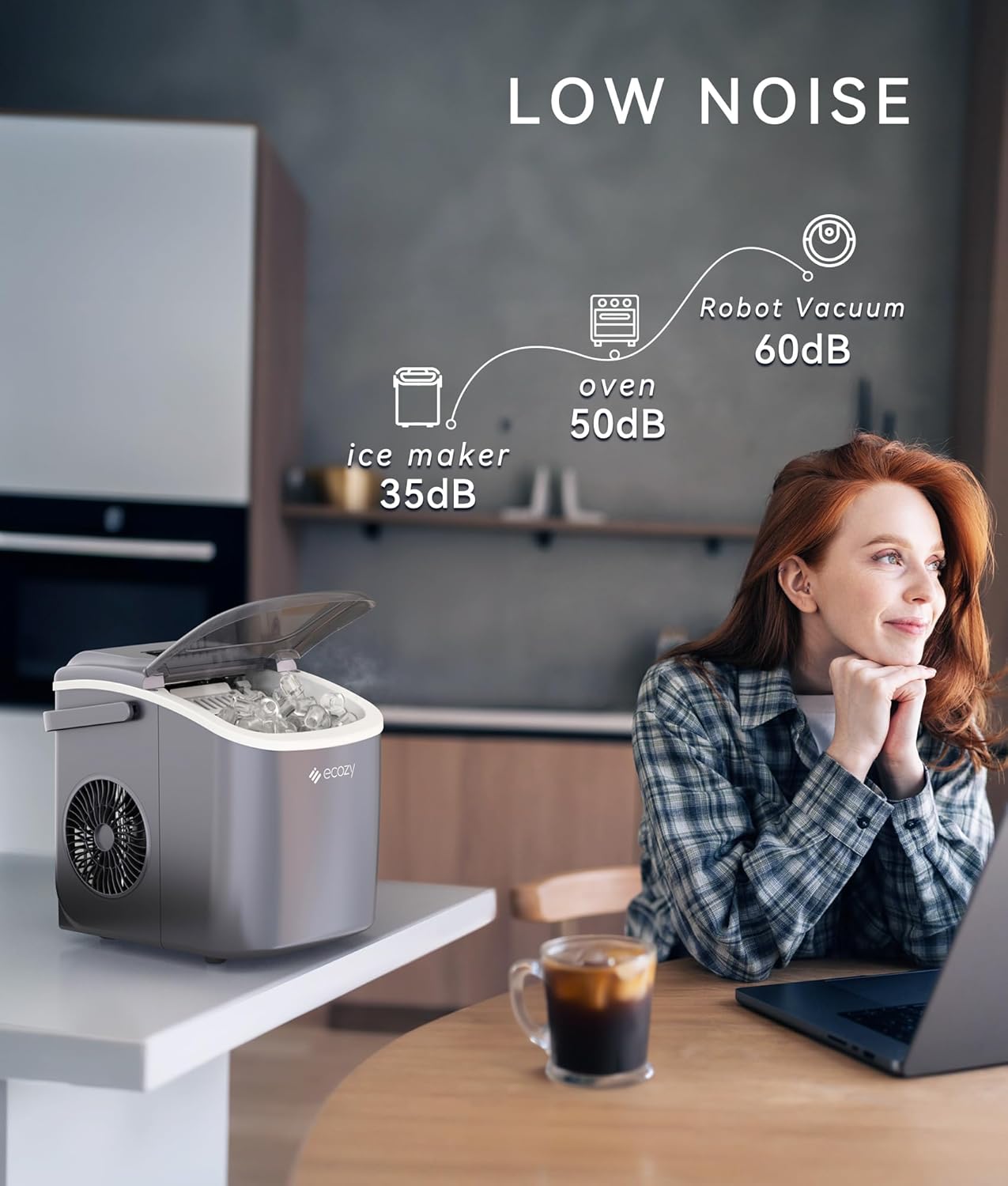 ecozy Portable Ice Maker Countertop, 9 Cubes Ready in 6 Mins, 26lbs in 24Hrs, Self-Cleaning Ice Machine with Handle/Ice Bags/Ice Scoop/Ice Basket, 2 Sizes Bullet Ice for Home Kitchen Office Bar Party