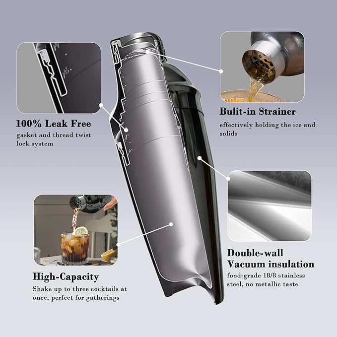 Stainless Steel Cocktail Shaker Set, 24oz/750ml Bartender Kit Includes Strainer and Stir Stick for Home, Bar, Party, Bar Accessories for The Home Bar Set (Black)