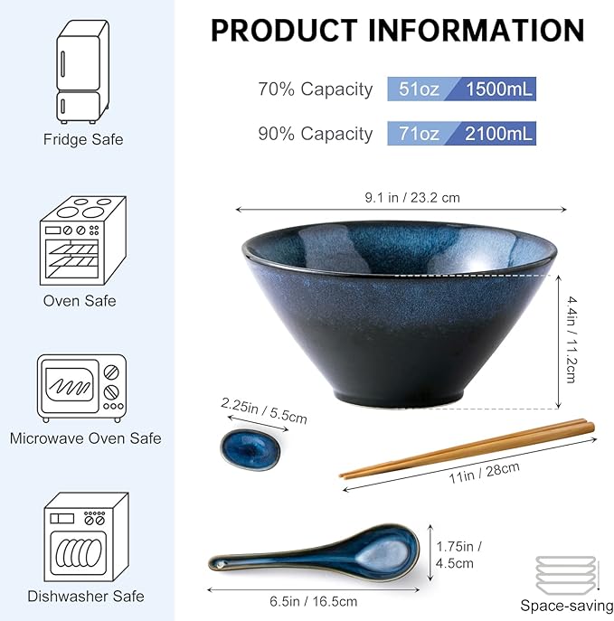 Large Salad Soup Ramen Serving Bowls, 71 OZ Ceramic Japanese Ramen Noodle Bowls with Chopsticks, Spoons and Rests - Super Big Bowl Sets for Udon, Pho, Pasta, Cereal, Set of 2 - Reactive Blue