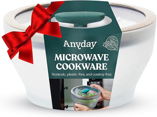 Anyday 4-Cup Microwave Cookware & Glass Container with Glass Lid, Plastic-Free Deep Food Storage | Stackable Airtight Steamer with Vented Lid for Microwave-Safe Reheating, Steaming Vegetables & Rice