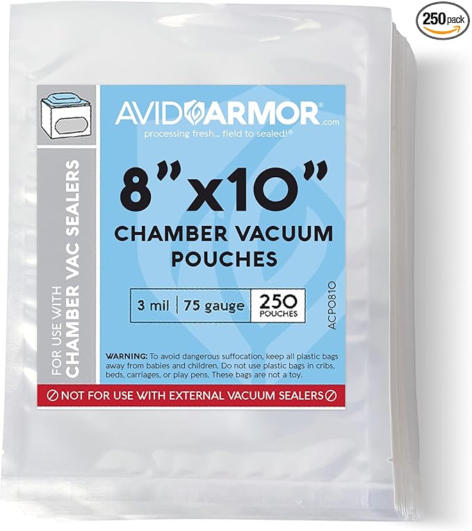 Avid Armor Chamber Vacuum Sealer Bags – Heavy Duty, BPA-Free, Pre-Cut Chamber Vacuum Bags for Food Preservation, Freezer Storage, Sous Vide and more, 250/Pack (8x10) – Multi-Use Vacuum Bags