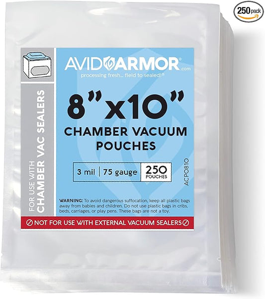 Avid Armor Chamber Vacuum Sealer Bags – Heavy Duty, BPA-Free, Pre-Cut Chamber Vacuum Bags for Food Preservation, Freezer Storage, Sous Vide and more, 250/Pack (8x10) – Multi-Use Vacuum Bags