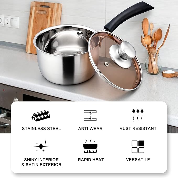 LIANYU 1QT & 2QT & 3QT Saucepan Set with Lids, 18/10 Stainless Steel Sauce Pan Cookware Sets, Kitchen Cooking Small Pots with Long Heatproof Handle, Easy Clean & Dishwasher Safe