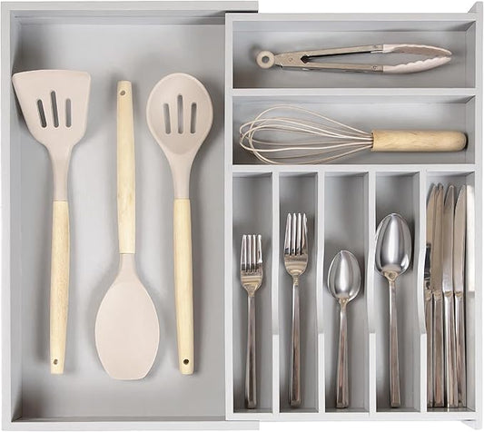 KitchenEdge Premium Silverware, Flatware and Utensil Organizer for Kitchen Drawers, Food-Safe Contract Grade, Expandable from 10.5 to 19 In, Gray Bamboo