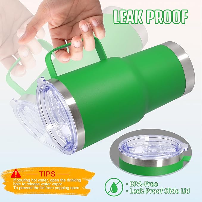 20 oz Tumbler with Handle and Lid, Stainless Steel Tumbler Insulated Travel Coffee Mug, Spill Proof Double Wall Vacuum Tumbler Cup Keep Drink Hot & Cold, Green, 12 Pack