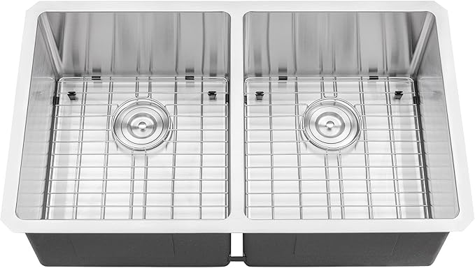 32 in. x 19 in. x 10 in. 16-Gauge Stainless Steel Undermount 50/50 Double Bowl Kitchen Sink with Bottom Grid, Silicon Dishrack, Pot Mat and Strainer