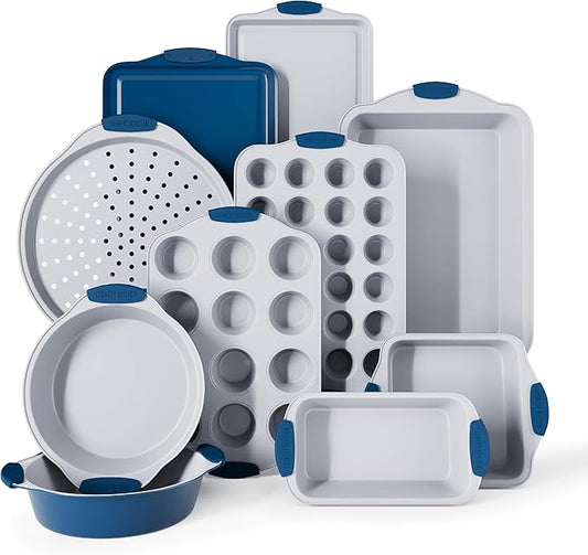 Country Kitchen Nonstick Stackable Bakeware Set - Heavy Duty, Durable, Easy Release Baking Set, Navy, 10 Pcs