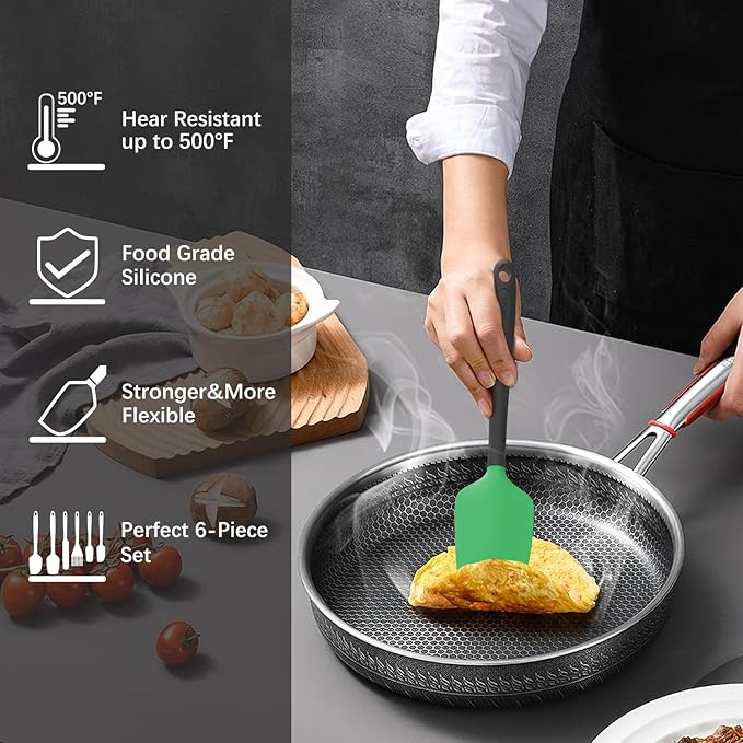 Silicone Spatula Set of 6, Food Grade, High Temperature Resistant, Dishwasher Safe, Suitable for Kitchen Baking, Cooking (Green)