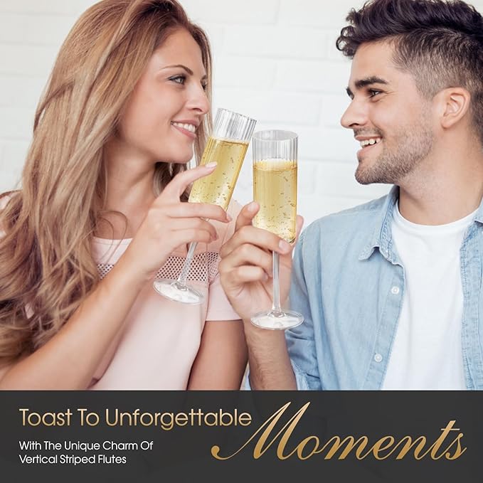 Topsky Ribbed Champagne Flutes Set of 4, 7 oz Crystal Champagne Glasses, Vintage Unique Ridged Design, Clear Mimosa Glasses, Cocktail or Wedding Toasting Glasses, Inner Stripe