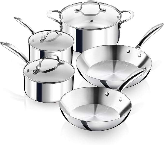 Gotham Steel 10 Pcs Stainless Steel Cookware Set, Pots and Pans Set Non Stick with Induction Cookware, Made Without PTFE PFOA PFOS, Metal Utensil Safe, Oven and Dishwasher Safe