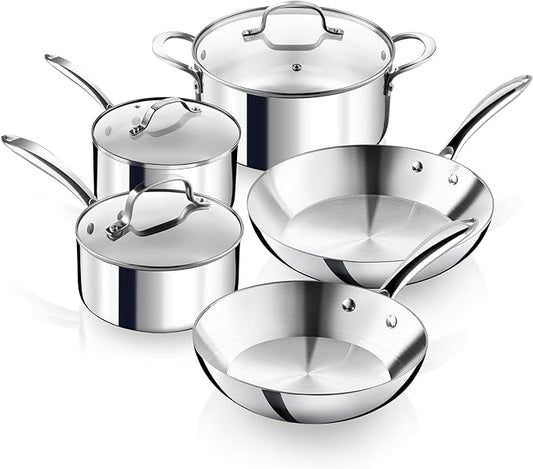 Gotham Steel 10 Pcs Stainless Steel Cookware Set, Pots and Pans Set Non Stick with Induction Cookware, Made Without PTFE PFOA PFOS, Metal Utensil Safe, Oven and Dishwasher Safe