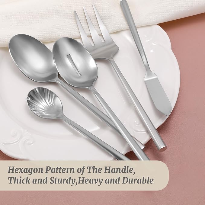 DEACORY Hexagon Serving Silverware Serving Set Flatware Set Cutlery Set Utensil Serving Set Stainless Steel Matte Silver 45 Pieces Service for 8