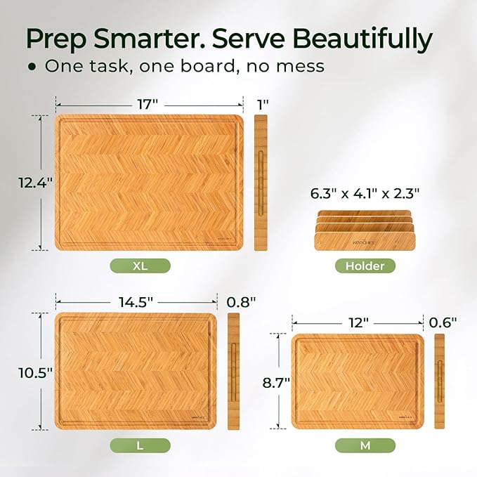 Atelier Collection Bamboo Cutting Board Set of 3, Reversible Boards for Kitchen with Juice Grooves, Handcrafted Luxury Cutting Boards, Large Wood Chopping Board for Cooking and Serving