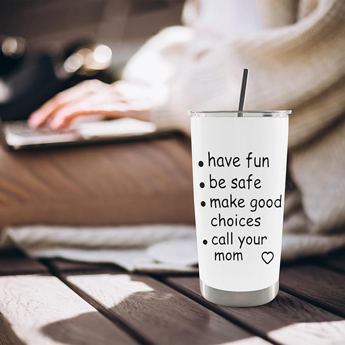 QASHWEY Funny Call Your Mom Coffee Tumbler - Gifts for College Daughter Son Travel Tumbler Coffee Mug, Funny College Freshman Gifts, Preppy Freshman Stainless Steel Tumblers with Straw and Lid 20 oz