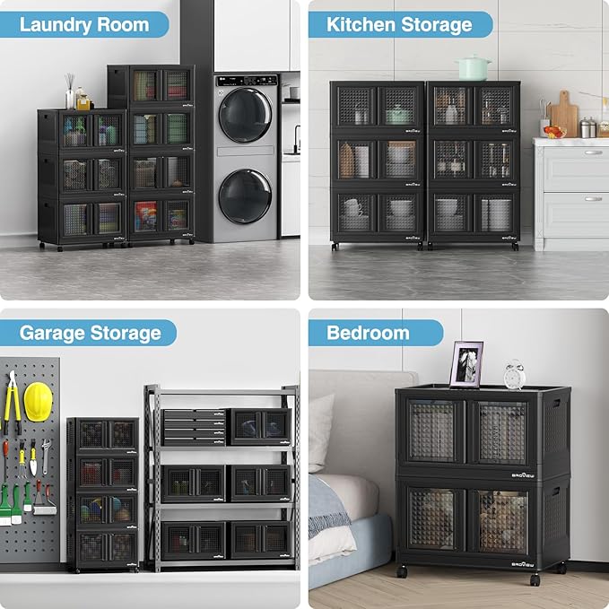 BROVIEW 300Qt Stackable Storage Bins with Lids, 75Gal Closet Organizers and Storage Drawer, Plastic Collapsible Storage Bins with Doors, Heavy Duty Store Box Cabinet for Home Kitchen, 3Pack Black