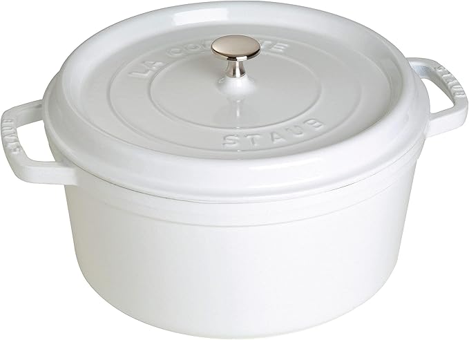 STAUB Cast Iron Dutch Oven 7-qt Round Cocotte, Serves 7- 8, Made in France, White