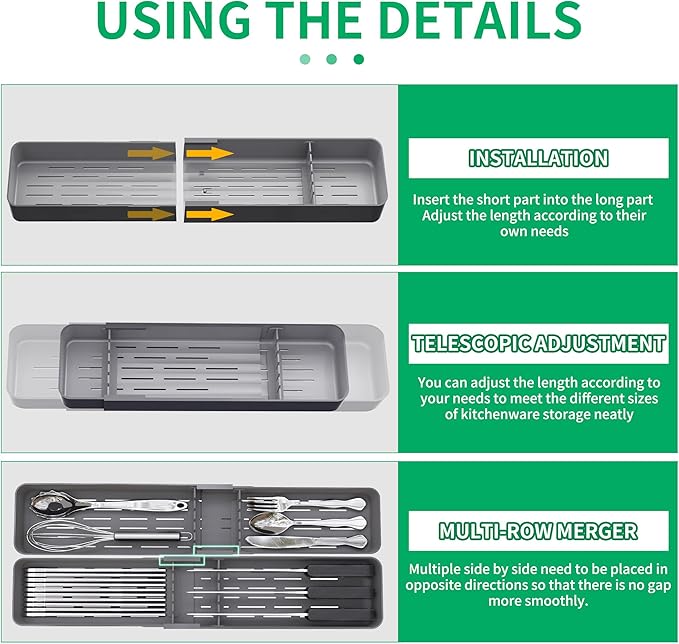 Kitchen Drawer Silverware Organizer, Adjustable Cutlery Organizer, Expandable Utensils Holder, Silverware Dividers Tray, Storage for Flatware, Large Drain Board (Gray,2 Sets)