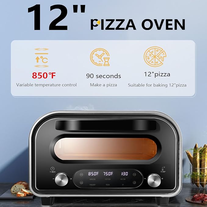 Electric Pizza Oven Indoor 1700W Countertop Pizza Maker Fast Heating up to 850°F Touchscreen 6 Preset Modes Adjustable Timer & Temp Knobs Used for Commercial & Home Kitchen in Black