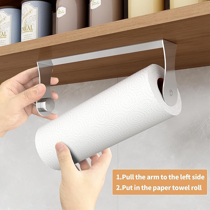 Paper Towel Holder Under Cabinet, Wall Mount Paper Towel Holder for Kitchen Bathroom, Stainless Steel, Adhesive or Screws, Silver