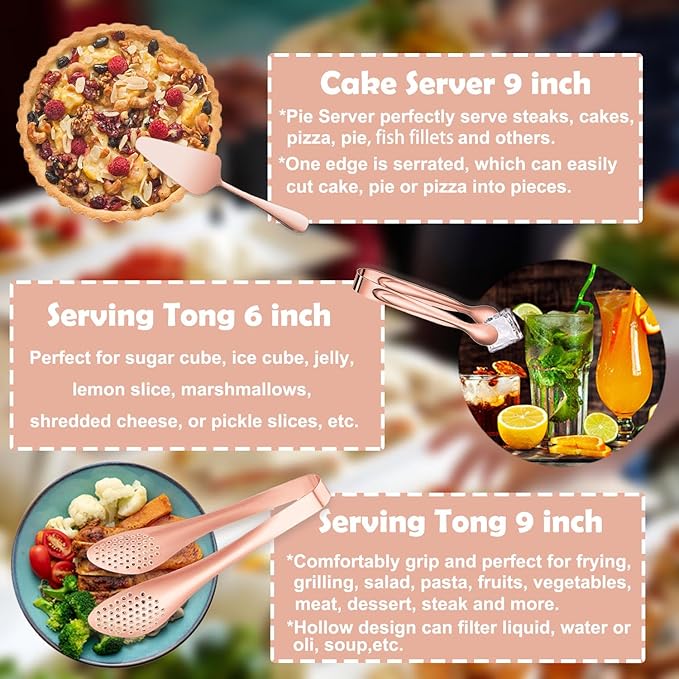 11 PCS Serving Utensils, Large Stainless Steel Spoons Forks Tongs, Pie Server, Great for Hostess Buffet Catering Banquet Party, Rose Gold