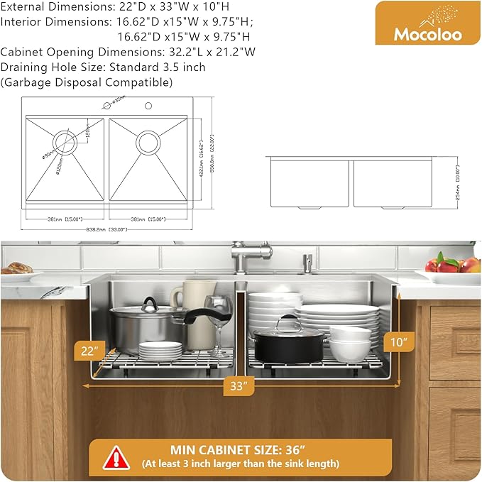 Mocoloo 33 Inch Double Bowl Kitchen Sinks - 33 x 22 Inch Drop In Kitchen Sinks Workstation 16 Gauge 50/50 Stainless Steel Topmount Double Bowl Handmade, 10 Inch Deep