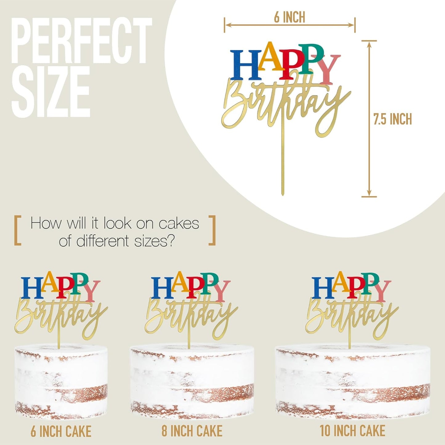 Acrylic Gold Happy Birthday Cake Topper, 7.5" x 6" Rainbow Birthday Cake Decoration (Gold)