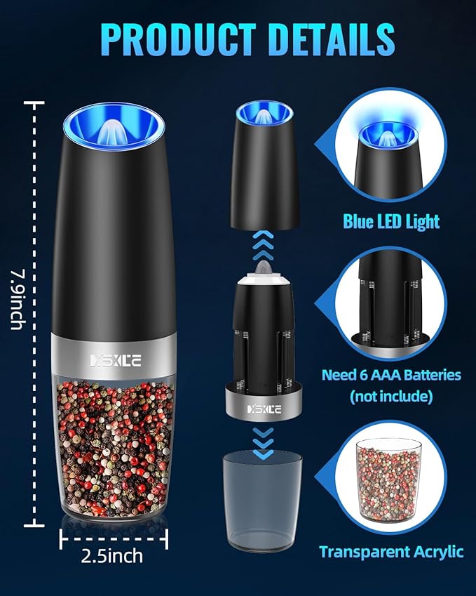 Gravity Electric Pepper/Salt Grinder, Salt or Pepper Mill & Adjustable Coarseness, Battery Powered with LED Light, One Hand Automatic Operation - Single/Black