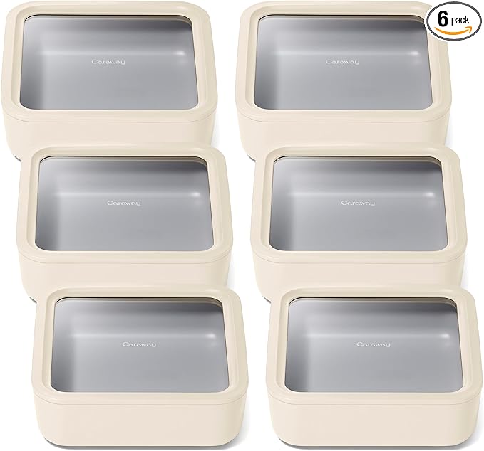 Caraway 6pc Glass Food Storage Set – 10 Cup Food Containers (6) - Ceramic Coated - Non Toxic, Non Stick with Lids - Microwave Safe - Cream